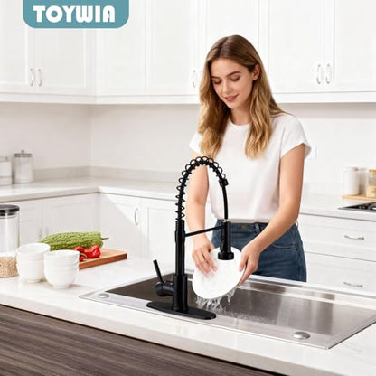 Kitchen Faucets with Pull Down Sprayer, Matte Black Stainless Steel Single Handle Pull Out Spring Sink Faucet, 3 Function Sprayer 1 or 3 Hole Deck Plate for Farmhouse Laundry Rv Bar - color: Matte Black, style: Classic