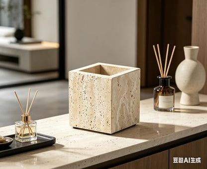 Travertine Marble Organizer Cup - Genuine Stone Toothbrush Holder, Pen & Makeup Brush Stand for Bathroom & Office Desk, Heavy Duty Non-Slip Tumbler, Modern Countertop Decor