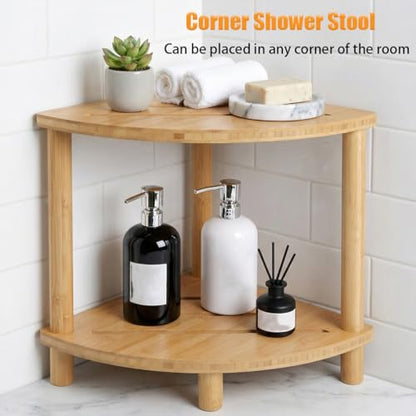 2-Tier Bamboo Corner Shower Stool,Shower Foot Rest for Bathroom Sauna | Non-Slip Adjustable Shower Feet Stool for Shaving Legs with Storage Shelf, Space Saving Shower Bench for Kitchen, Entryway
