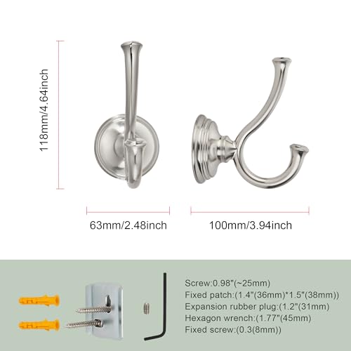 TUNNY Towel Hook Bathroom-2 Pack Brushed Nickel Double Robe/Towel Hook Wall Mounted Hook for Bathroom Bedroom Kitchen - color: Brushed Nickel