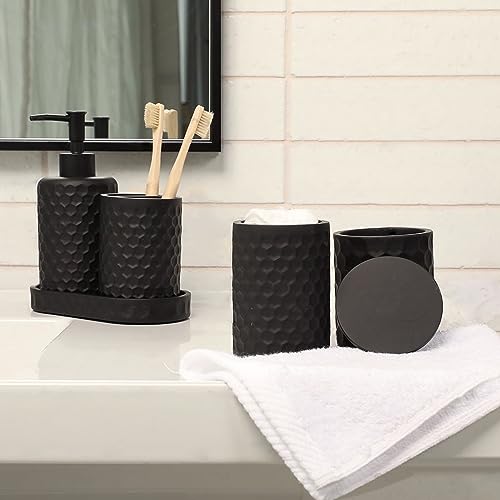 6 Piece Bathroom Accessories Set, Toothbrush Holder, Toothbrush Cup, Soap Dispenser,Bathroom Vanity Tray, Qtip Holder, Trash Can - Black - color: Black