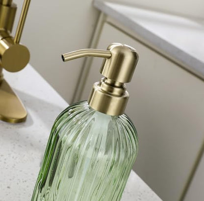 16Oz Green Glass Soap Dispenser with Rust Proof Stainless Steel Pump, Green Stripe Bathroom Hand Dish Lotion Dispensers with Brushed Gold Pump,Brushed Gold Glass Soap Dispenser - color: Brushed Gold + Green, size: 1-Pack