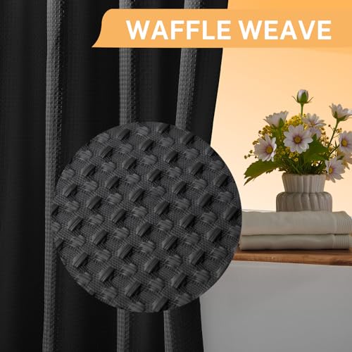 River Dream No Hooks Shower Curtain with 2 Snap in Liner, Black, 71Wx74H | Waffle Weave, 1 Attached Snap in Liner and 1 Extra Replacement Liner, Bathroom Curtains Shower Set, Hotel Grade, Spa Like - color: Black