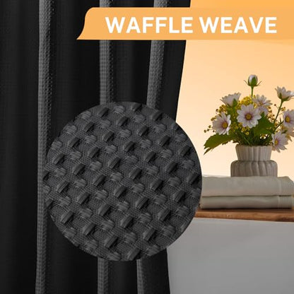 River Dream No Hooks Shower Curtain with 2 Snap in Liner, Black, 71Wx74H | Waffle Weave, 1 Attached Snap in Liner and 1 Extra Replacement Liner, Bathroom Curtains Shower Set, Hotel Grade, Spa Like - color: Black