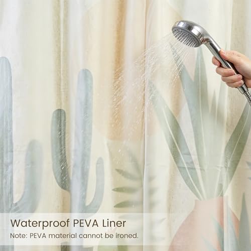Potted Plant Linen Boho Shower Curtain Set with Liner,72" Wx72 L | Double Layer Shower Curtain Waterproof Fabric with Zippered Removable PEVA Liner,Boho Shower Curtain for Bathroom,Free Hooks - color: Cactus