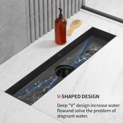 Linear Shower Drain 60inch，Black 304 Stainless Steel Tile Insert Cover & Adjustable Leveling Feet Shower Floor Drain with Hair Catcher Fits Balcony Bathroom - color: Matte Black, size: 60inch