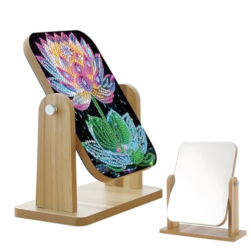 antor Diamond Painting Mirror – Lotus Flower Design Wooden Reversible Makeup Mirror, DIY Vanity Mirror with Sparkling Diamond Art Back, Craft Gift for Adults and Home Décor - color: Lotus