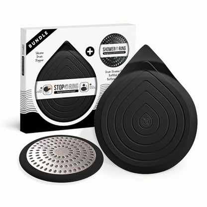 Drain Hair Catcher & Stopper Combo – Tub ShowerRing + StopRing Set for Bathtub & Sink | Stainless Steel Strainer + Silicone Drain Plug | Clog-Free, Universal Fit (Black, 2 Pack) - color: Black