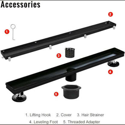 SaniteModar Linear Shower Drain 16 inch Matte Black with Tile Insert Panel | AISI 304 Stainless Steel Black Linear Dain Rectangle Shower Floor Drain with Hair Strainer and Leveling Feet - color: Black Tile Insert Grate, size: 16 inch