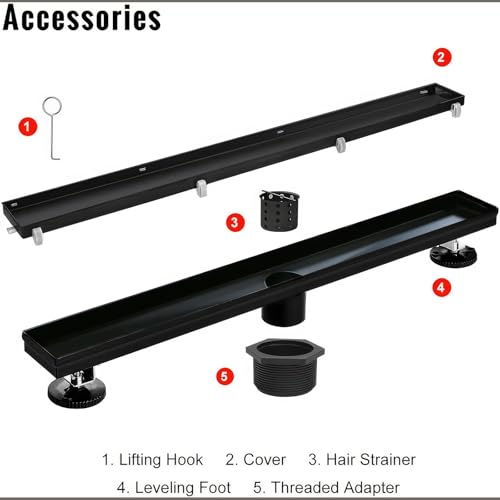 SaniteModar Linear Shower Drain 20 inch Matte Black with Tile Insert Panel | AISI 304 Stainless Steel Black Linear Dain Rectangle Shower Floor Drain with Hair Strainer and Leveling Feet - color: Black Tile Insert Grate, size: 20 inch