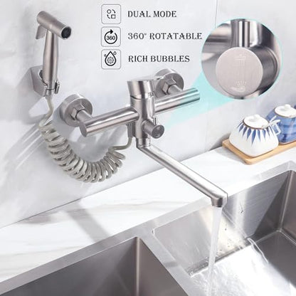 Wall Mount Kitchen Sink Faucets with Side Sprayer, Commercial Faucet, Nickel Brushed Unility Sink Faucet, Mixer Taps, 7.5-8.5 Inch Center, Spout Reach 9.2" - color: A Style, Nickel Brushed