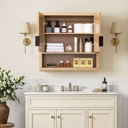25.4" Bathroom Wall Cabinet with Grooved Doors & Open Shelf, Oak | Grooved Double Doors / Rounded Edges / 3-Position Shelf / Open Storage / Hanging Rail Mount / Natural Oak Finish