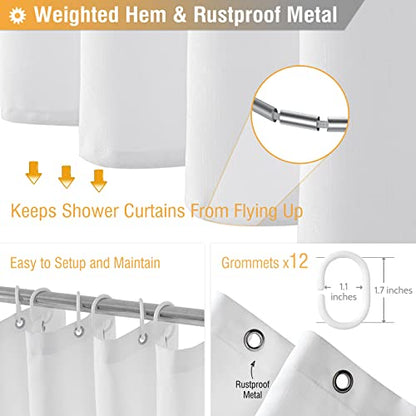 Extra Long Linen Textured Waterproof Shower Curtain Set, 72x96, White | Extra Tall Size, 230GSM Polyester, Heavy Duty Cloth, Weighted Hem, 12 Plastic Hooks, Modern Hotel Style, Machine Washable - color: White, size: 72"W x 96"L (Pack of 1)
