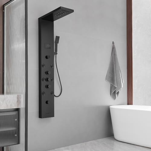 BWE Shower Panel Tower System LED Light Temperature Display 6-Function Stainless Steel shower system with Rainfall Waterfall Massage Body Jets Tub Spout and Handheld Shower, Matte Black