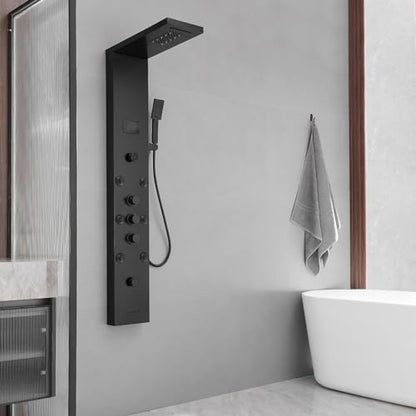 BWE Shower Panel Tower System LED Light Temperature Display 6-Function Stainless Steel shower system with Rainfall Waterfall Massage Body Jets Tub Spout and Handheld Shower, Matte Black