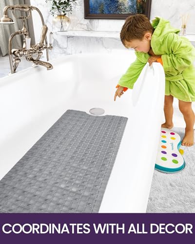 DEXI Bathtub Mat Non Slip, 39x16 Bath Tub Shower Floor Mats, Clear Grey | Extra Long Suction Cups, Drain Holes, Machine Washable for Tub Shower Floor Bathmat - color: Clear Gray