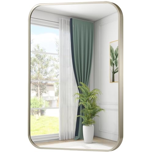 40x30 Inch Brushed Nickel Bathroom Mirror, Framed Rectangle Mirror with Rounded Corner, Brushed Mirror, Silver Bathroom Mirror for Over Sink, Vanity, Living Room, Bedroom, Horizontal/Vertical - color: Brushed Nickel, size: 40"L x 30"W