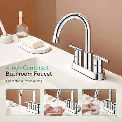 Faustina Polished Chrome Bathroom Faucet, 4 Inch Centerset Bathroom Faucet for Sink 2 Holes 3 Holes，Two Handles 304 Stainless Steel Faucet with Pup up Drain and 2 Water Supply Lines for RV Vanity - color: Chrome, style: Modern Centerset