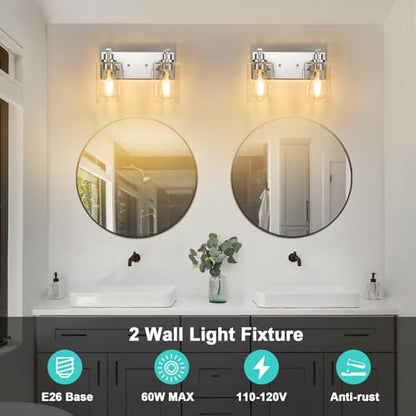2-Light Bathroom Light Fixtures Modern Chrome Vanity Lights | Easy to Install Clear Glass Shades, Wall Mount Up or Down, E26 Socket, Hardwired, 125V - color: Chrome, size: 2 Lights