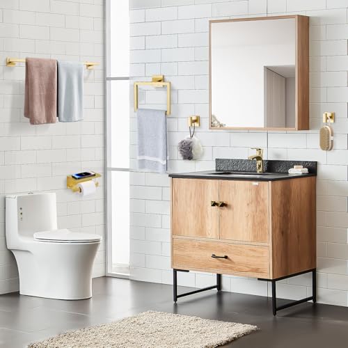 TQKAG 5-Pieces Brushed Gold Bathroom Hardware Accessories Set 23.6" SUS304 Stainless Steel Towel Bar Set Wall Mounted Square Toilet Paper Holder with Shelf - color: Brushed Gold, size: 5-Pieces Set-B