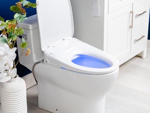 ALPHA BIDET iX Pure Bidet Toilet Seat in Elongated White | Ultra Low Profile | Endless Warm Water | Arced Stainless Steel Nozzle | Blue LED Nightlight | Dryer - size: Elongated
