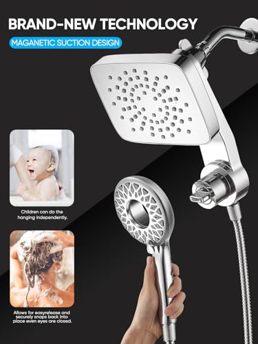 Cobbe® Dual Shower Head with Magnetic Handheld, Chrome | Rain Shower Combo, 2-in-1 Fixed & Detachable, Multiple Spray Modes, Built-in Magnet Dock, 6ft Hose - color: Chrome