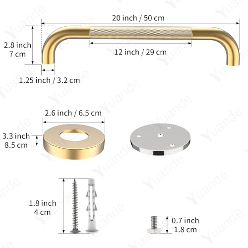 20 Inch Brushed Gold Anti-Slip Shower Grab Bar, Stainless Steel Handrail | Stainless Steel Bathroom Grab Bars,Safety Rail,Shower Handrail Support, Handicap Elderly Balance Assist Handles-1.25"Diameter - color: Brushed Gold, size: 20inch-1 Pack