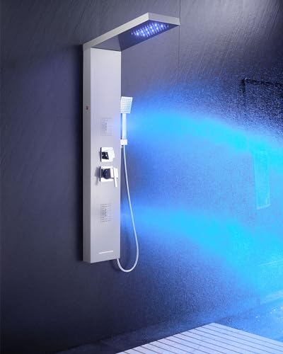 5-in-1 LED Shower Panel Tower System Stainless Steel Brushed Nickel | Rainfall head | 2-in-1 body jets | Handheld shower | Tub spout | LED lights | Wall mount - color: Brushed Nickel