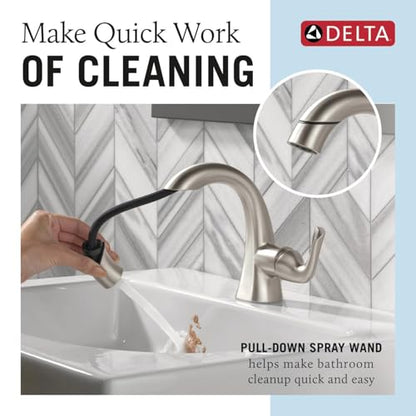 Delta Arvo 1 Hole Pull Down Bathroom Faucet with Sprayer, Brushed Nickel Single Hole Bathroom Sink Faucet with Pull Out Sprayer for Vanity, Push-Pop Drain, SpotShield Stainless 15840LF-SPPD - color: SpotShield Brushed Nickel