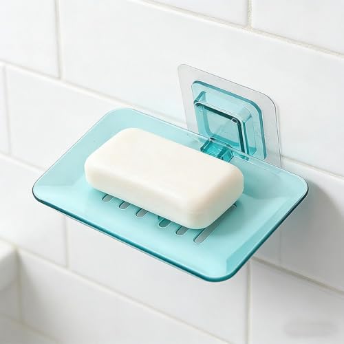 Wall Mounted Hollow Design, Waterproof Soap Stand Holder with Adhesive Sticker No-Drilling Soap Holder Ideal for Kitchen, Bathroom (Blue, 13.5x8.7cm) - color: Blue
