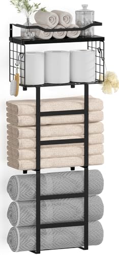 Towel Racks for Bathroom Black, 34IN Rolled Towel Holder, Towel Rack Wall Mounted with 2 Pack Shelf and a Wire Basket, Bathroom Towel Storage and Organizer, Sturdy Metal & Wood - color: All Black
