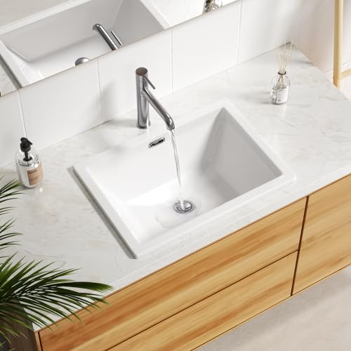 Enbol 20.6" x 14.5" Drop in Bathroom Sink Rectangule Vessel Sink Self-rimming Top Mount Bathroom Sink White Ceramic Lavatory Vanity with Overflow O2014-1 - style: 20.6" X 14.5"