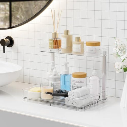 2 Pack 14.6″ Deep Pull Out Under Sink Organizer,12.8″ High 2 Tier Slide Out Cabinet Organizer for Kitchen Cabinet,Undersink Organizers,Under Sink Shelves,Bathroom Organizers and Storage,Clear - size: 12.8 In High