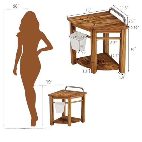 Kiasthome Teak Corner Shower Bench, Waterproof Bathroom Teak Shower Bench, Sturdy Non-Slip Bath Shower Foot Stool for Shaving Legs with Storage Baskets and Shelves - size: Large