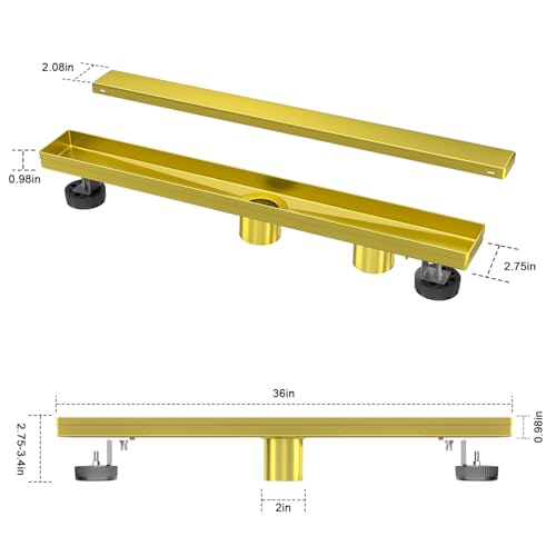 EXF Linear Shower Drain 36 Inch Brushed Gold with Tile Insert Cover | 304 Stainless Steel, V-Slope Design, Debris Strainer, Seamless, Adjustable Height - color: Brushed Gold, size: 36 IN