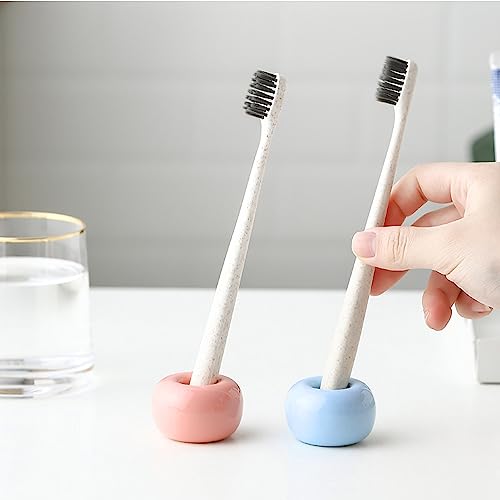 Mini Ceramics Toothbrush Holder Stand for Bathroom Vanity Countertop, Handmade Couple Toothbrush Head Holder, Shaver Holder and Office Pen Holder, Pink&Blue, Pack of 2 - color: Pink&blue