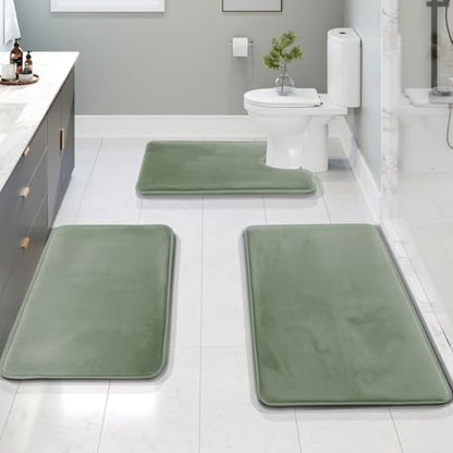 Clara Clark 3 Piece Bathroom Rugs, Velvet Memory Foam Bath Mat Set, Non-Slip Bath Rugs, Machine Wash, Dries Quickly, Ultra Soft Plush Bath Mats for Bathroom, 17 x 24/20 x 32 / Contour, Ice Green - color: Ice Green