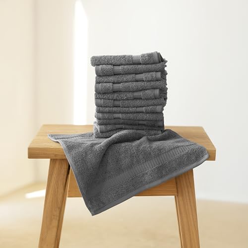 SALBAKOS 12-Piece 100% Turkish Cotton Washcloths and Face Towels, Gray | 13x13 in Standard Size Small Towel, Multi-use Bathroom & Kitchen, Thick Super Soft Absorbent Durable, Oeko-Tex Made in Turkey - color: Gray, size: 12 Washcloths