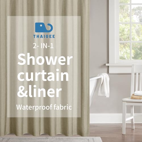 2-in-1 Waterproof Fabric Shower Curtain,No Separate Liner Needed,Linen Textured,Effortless Cleaning & Washable Bathroom Shower Curtain Set with 12 Plastic Hooks,72"x72",Khaki - color: Khaki, size: 72"W x 72"L (Pack of 1)