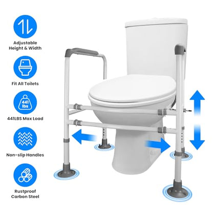 Toilet Safety Rails for Elderly 5 Adjustable Heights Width Stand Alone Toilet Safety Rails Frame Safe Stable Non-Slip Handles Hold Up to 441LBS Carbon Bathroom Steel Grey
