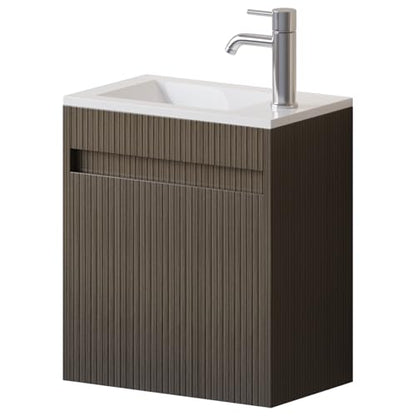 wonline 16" Small Bathroom Vanity Sink Combo Modern Wall Mounted Floating Cabinet W/Resin Basin Sink Top, Chrome Water Save Faucet & Pop Up Drain - color: Brown Wood Grain