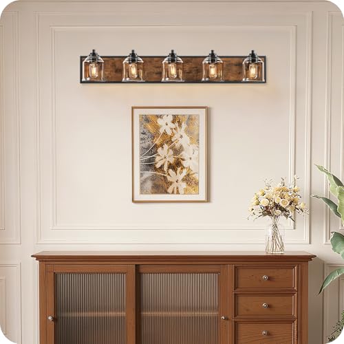 5-Light Bathroom Fixture, 39.8" Large Farmhouse Vanity Light, E26 Base (Bulbs Not Included), Thickened Glass Shade, for Bathroom, Bedroom, Vanity, Hallway, Rustic Brown and Black F21BD05 - size: 5-Light