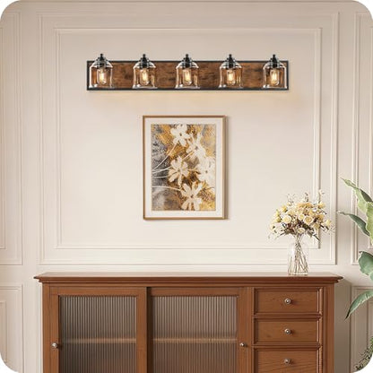 5-Light Bathroom Fixture, 39.8" Large Farmhouse Vanity Light, E26 Base (Bulbs Not Included), Thickened Glass Shade, for Bathroom, Bedroom, Vanity, Hallway, Rustic Brown and Black F21BD05 - size: 5-Light