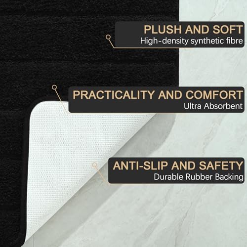 Luxury Long Bathroom Runner Rugs 24x60 Inch Bath Rug Non Slip, Black | Thick Soft and Absorbent Microfiber Bath Mat, Rubber Backing Striped Rug Carpets, Machine Washable Plush Mats - color: Black, size: 24" X 60"
