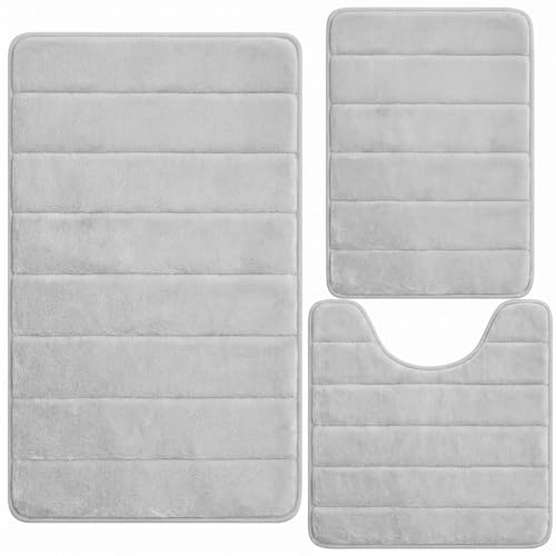 Bathroom Rugs Set 3 Piece, Memory Foam Bath Rugs, Non Slip Washable Bathroom Rug Set, Extra Soft Absorbent Bath Mats with U-Shaped Toilet Rug, Gray - color: Grey
