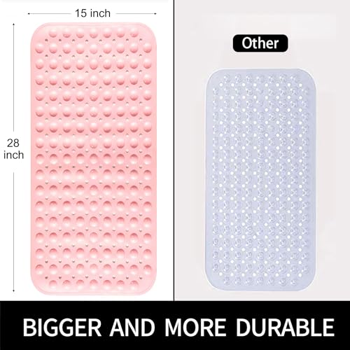 Bathtub and Shower Mats, 28 x 15 Inch Non-Slip Bath Mat, Machine Washable Bath Tub Mat with Suction Cups & Drain Holes for Bathroom, Beige - color: Pink, size: 28" x 15" (Rectangular)