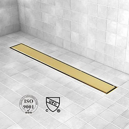 18" Linear Shower Drain Brushed Gold Drain with Tile Insert Grate | AISI 304 Stainless Steel Fast Drainage Rectangle Hidden Shower Trench,Detachable Hair Catcher Easy to install,Leveling Feet - color: Gold, size: 18 Inch (No Base)