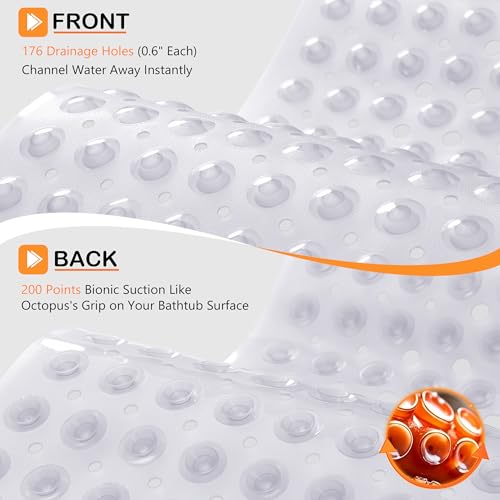 Yimobra Non Slip Bathtub Mat 40 x 16 Inch, Extra Long Shower Mat with Drain Holes, Machine Washable Baby Bath Mats, Strong Suction Cups for Bathroom Floor, Clear - color: Clear