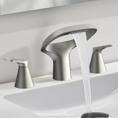 Bathroom Faucets for Sink 3 Hole, Bezeit 8 Inch Brushed Nickel Bathroom Faucet, Solid Brass Widespread Bathroom Faucet with Adjustable Waterfall Spout 2 Handles and 2 Supply Hoses - color: Brushed Nickel, style: Modern