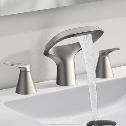 Bathroom Faucets for Sink 3 Hole, Bezeit 8 Inch Brushed Nickel Bathroom Faucet, Solid Brass Widespread Bathroom Faucet with Adjustable Waterfall Spout 2 Handles and 2 Supply Hoses - color: Brushed Nickel, style: Modern